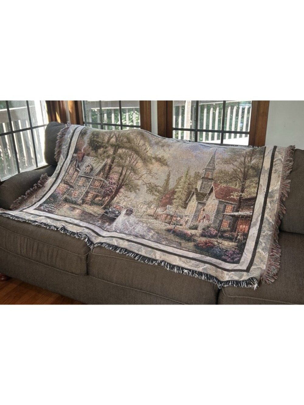 Thomas Kinkade Blanket Throw 42 x 68” Vintage Church in Country town with fringe
